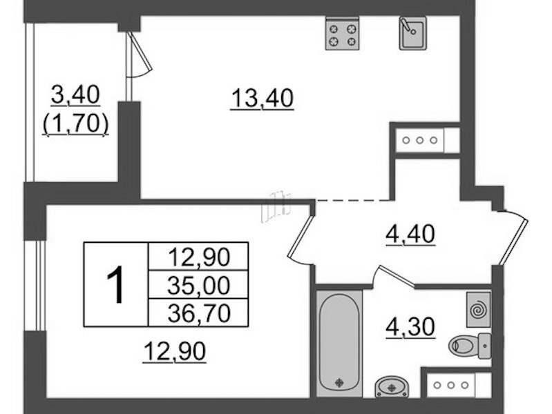 1-комнатная квартира 36.7 м², 8/9 эт., ЖК «А101 Лаголово»